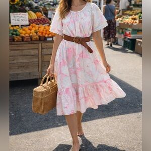 VINTAGE | Hawaiian Mumu Pink and White Floral Dress with Eyelet Sleeves